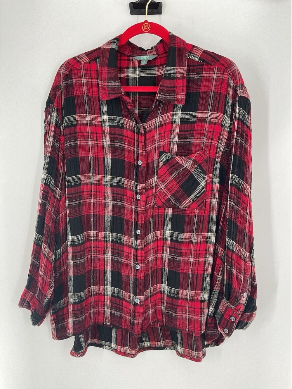 Terra & Sky Women’s 1X Flannel Dress Shirt Black Red White 110